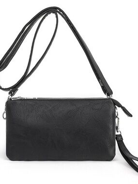 Classic Vegan Leather Black Crossbody Wallet Bag - Women's Shoulder Clutch